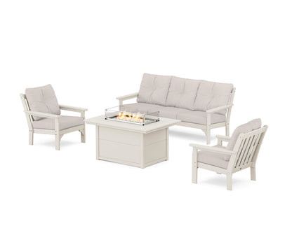 POLYWOOD® Vineyard Deep Seating Fire Pit Table Set in Sand / Dune Burlap
