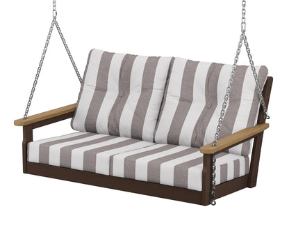 POLYWOOD® Vineyard Deep Seating Swing in Mahogany / Natural / Cabana Stripe Grey Mist