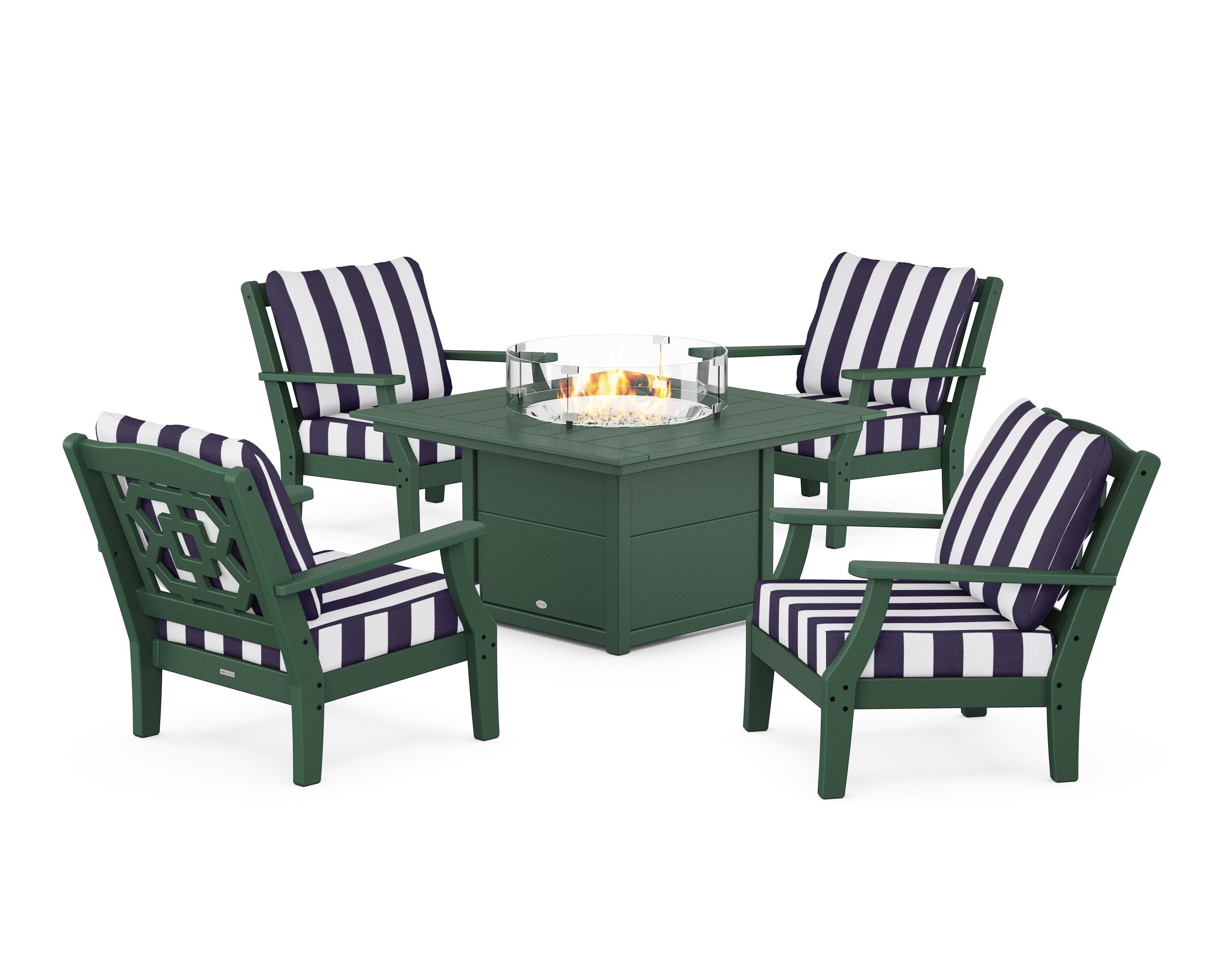 Martha Stewart by POLYWOOD® Chinoiserie 5-Piece Deep Seating Set with Fire Pit Table in Green / Cabana Stripe Navy
