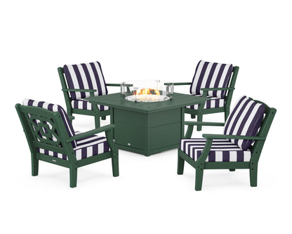 Martha Stewart by POLYWOOD® Chinoiserie 5-Piece Deep Seating Set with Fire Pit Table in Green / Cabana Stripe Navy