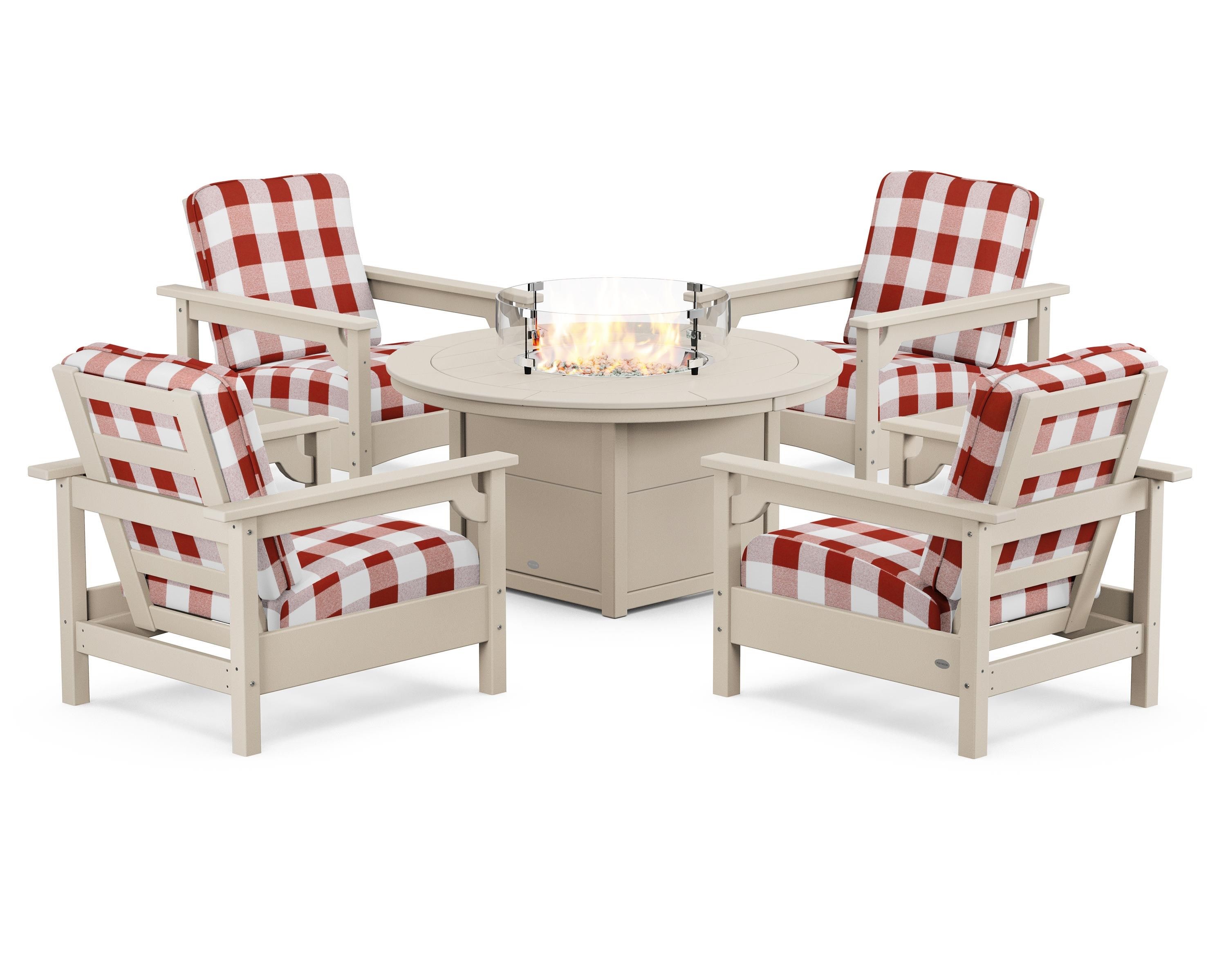 POLYWOOD® Club 5-Piece Conversation Set with Fire Pit Table in Sand / Buffalo Plaid Crimson