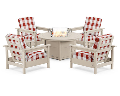 POLYWOOD® Club 5-Piece Conversation Set with Fire Pit Table in Sand / Buffalo Plaid Crimson