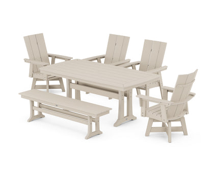 POLYWOOD® Modern Curveback Adirondack Swivel Chair 6-Piece Dining Set with Trestle Legs and Bench in Sand