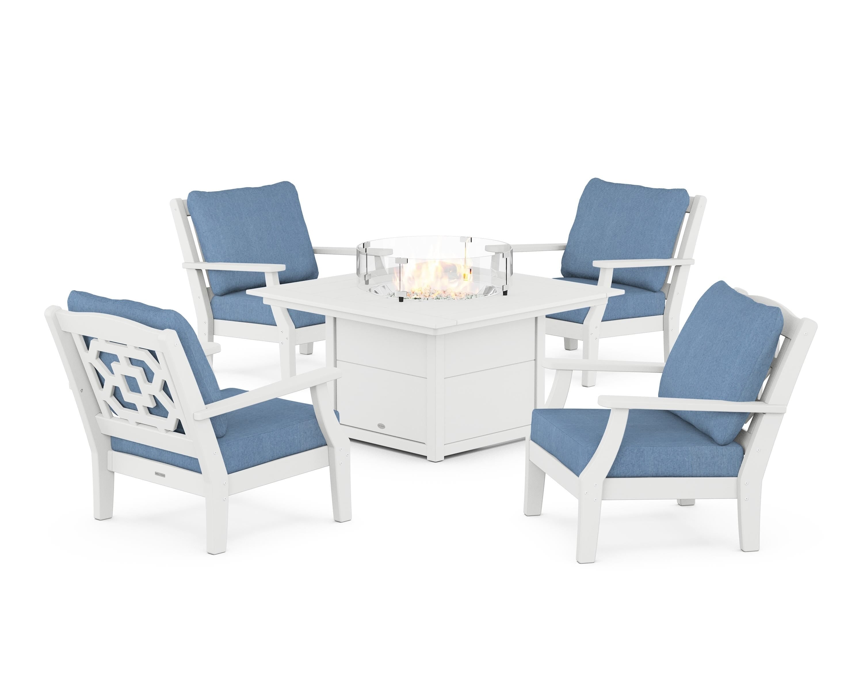 Martha Stewart by POLYWOOD® Chinoiserie 5-Piece Deep Seating Set with Fire Pit Table in White / Sky Blue