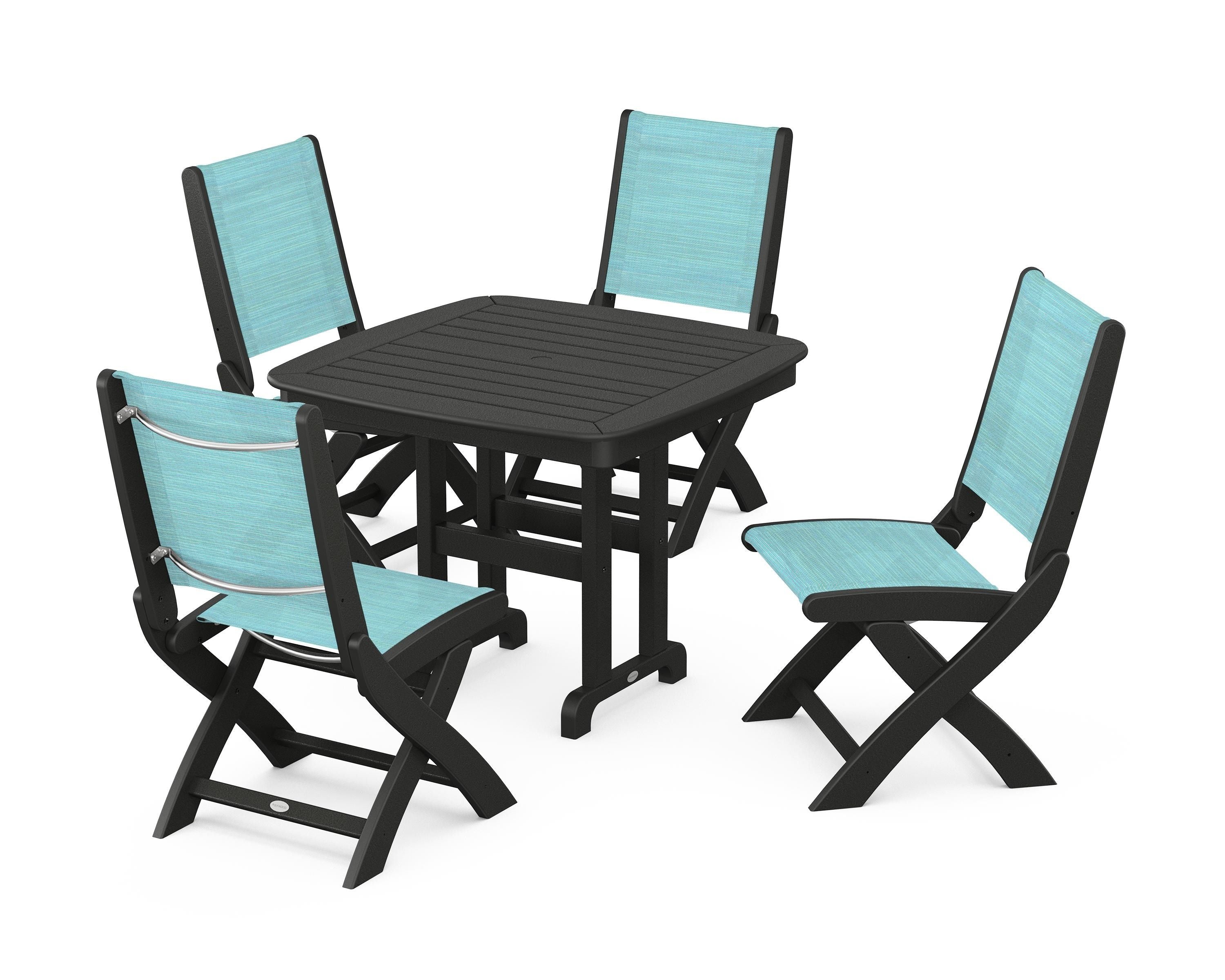 POLYWOOD® Coastal Folding Side Chair 5-Piece Dining Set in Black / Dupioni Aquamarine Sling