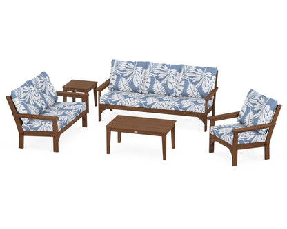 POLYWOOD® Vineyard 5 Piece Deep Seating Set in Teak / Leaf Sky Blue