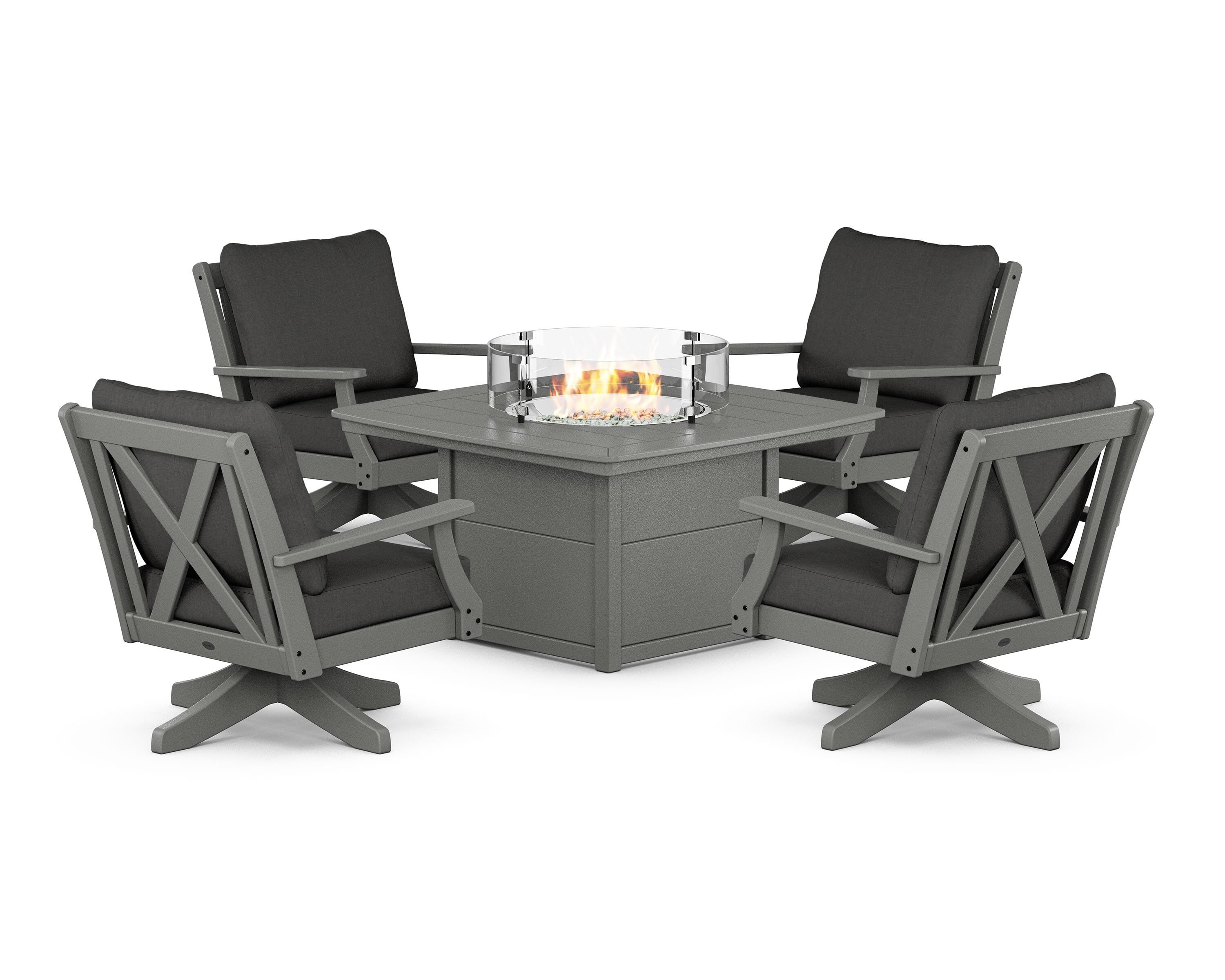 POLYWOOD® Braxton 5-Piece Deep Seating Swivel Conversation Set with Fire Pit Table in Slate Grey / Spectrum Carbon