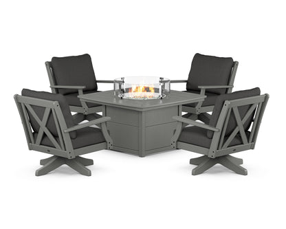 POLYWOOD® Braxton 5-Piece Deep Seating Swivel Conversation Set with Fire Pit Table in Slate Grey / Spectrum Carbon