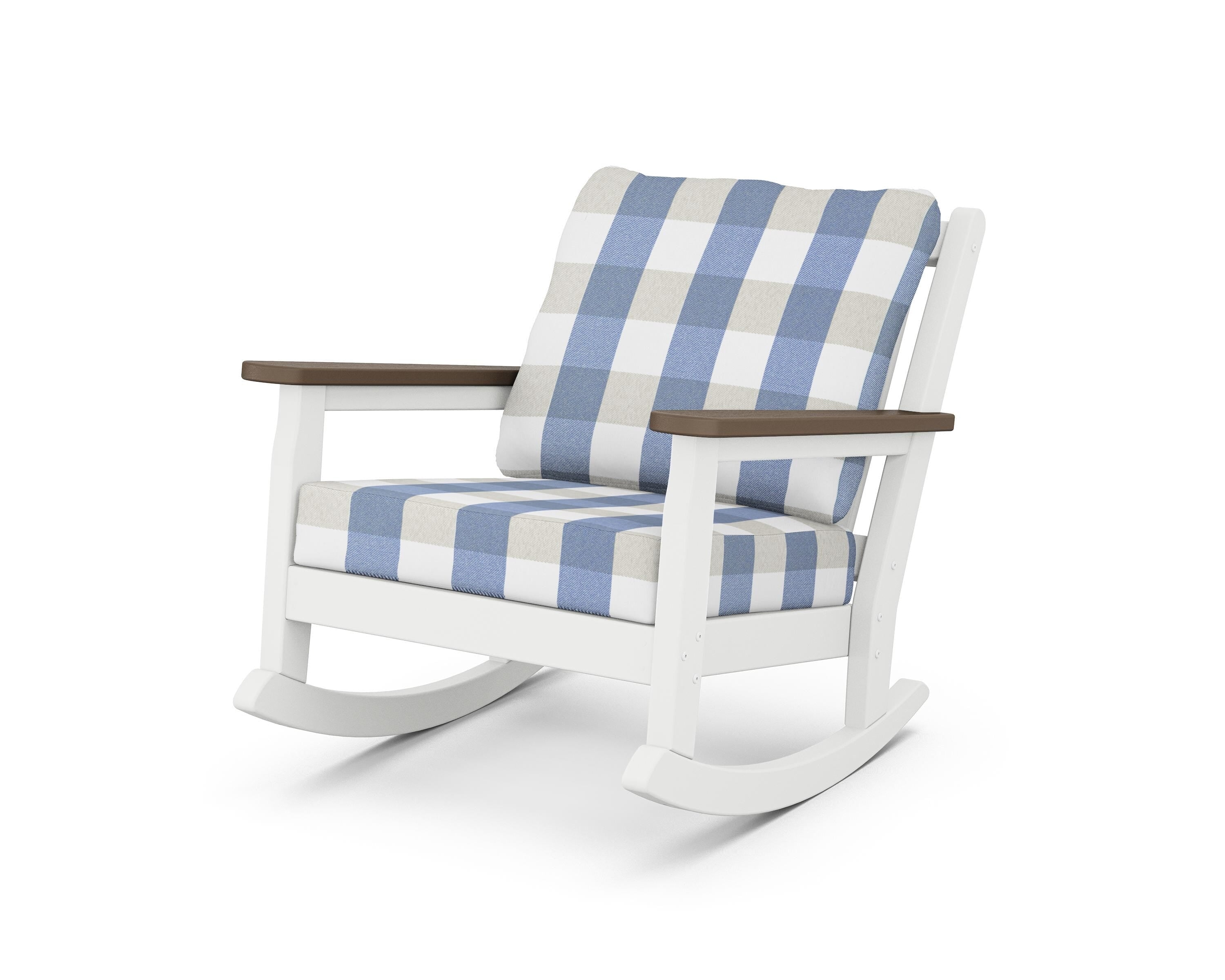 POLYWOOD® Chippendale Deep Seating Rocking Chair in White / Kona / Buffalo Plaid Sky Blue