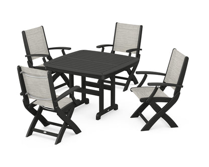POLYWOOD® Coastal Folding Chair 5-Piece Dining Set in Black / Birch Sling