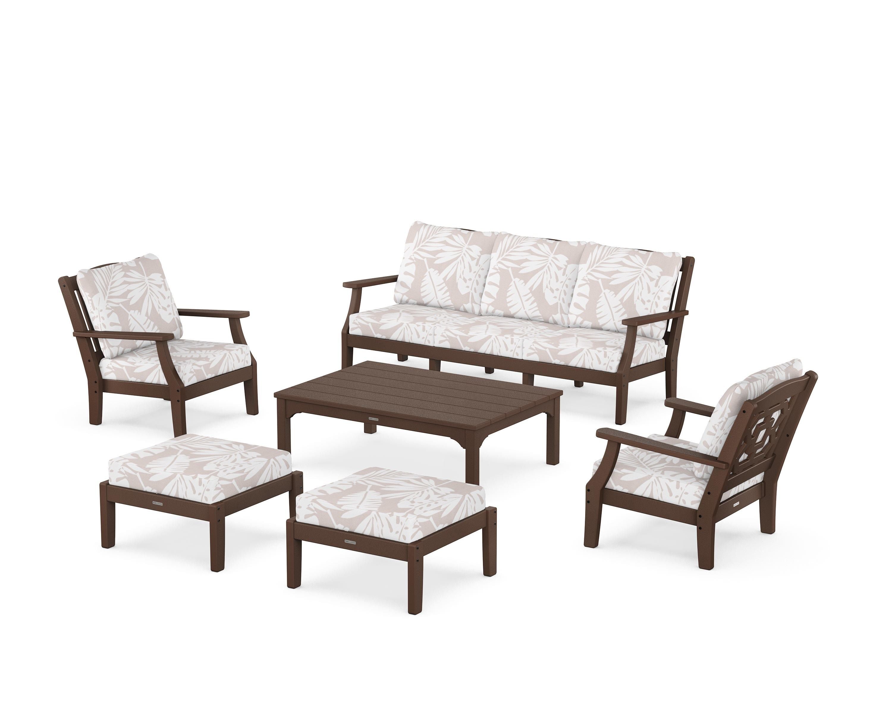 Martha Stewart by POLYWOOD® Chinoiserie 6-Piece Lounge Sofa Set in Mahogany / Leaf Dune Burlap