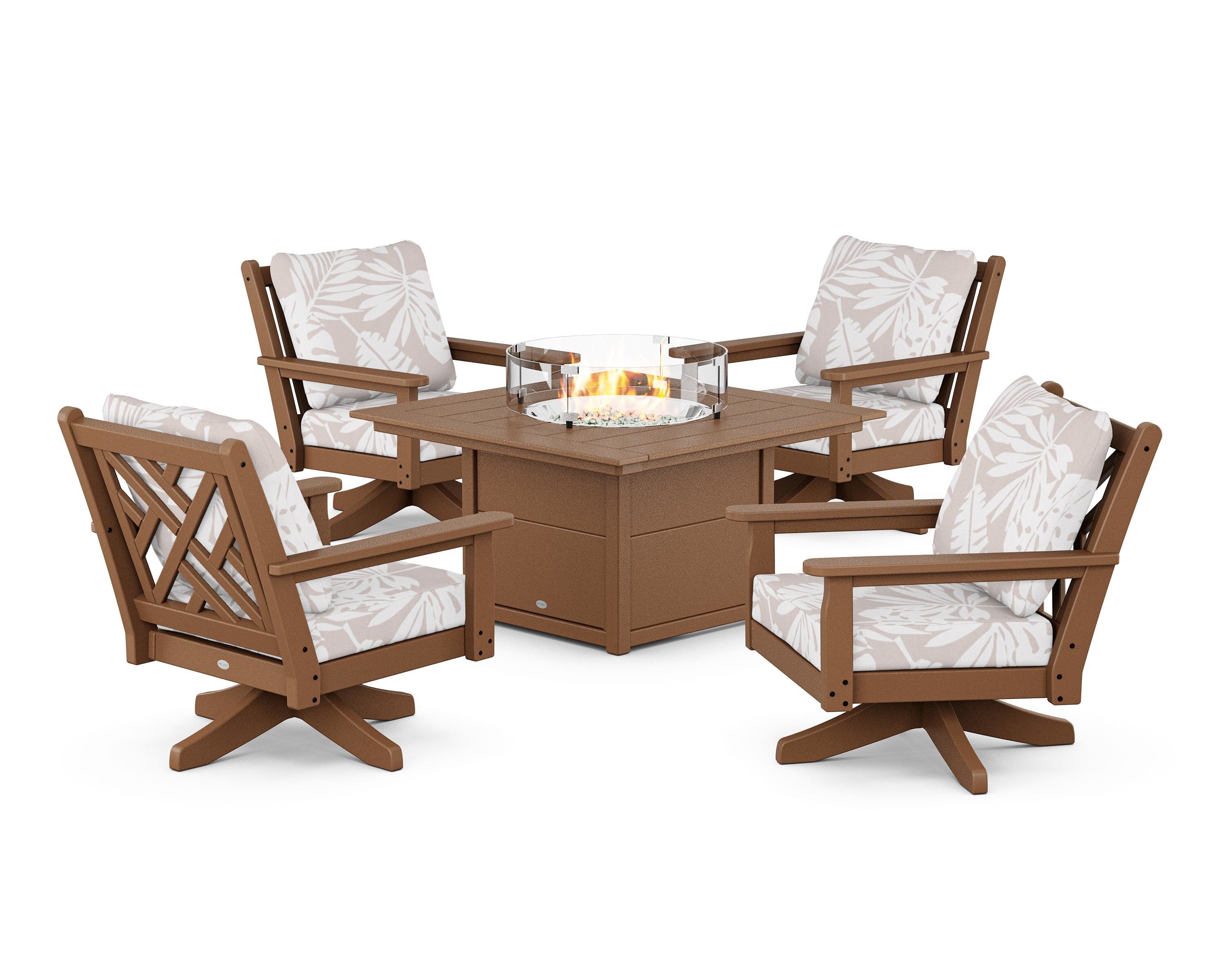 POLYWOOD® Chippendale 5-Piece Deep Seating Swivel Conversation Set with Fire Pit Table in Teak / Leaf Dune Burlap