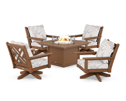 POLYWOOD® Chippendale 5-Piece Deep Seating Swivel Conversation Set with Fire Pit Table in Teak / Leaf Dune Burlap
