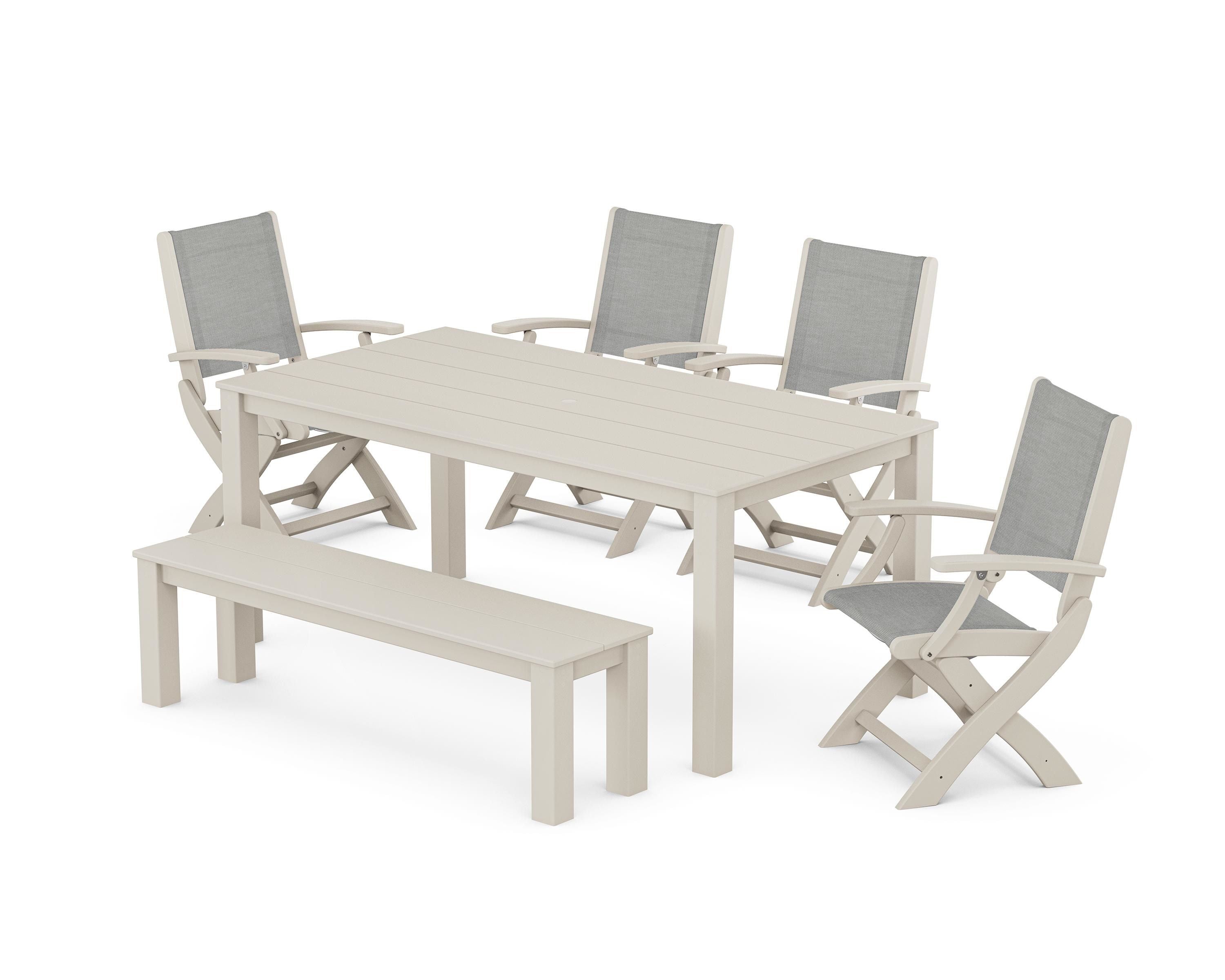 POLYWOOD® Coastal Folding Chair 6-Piece Parsons Dining Set with Bench in Sand / Metallic Sling