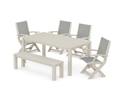 POLYWOOD® Coastal Folding Chair 6-Piece Parsons Dining Set with Bench in Sand / Metallic Sling