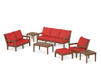 POLYWOOD® Chippendale 7-Piece Deep Seating Set in Teak / Crimson Linen