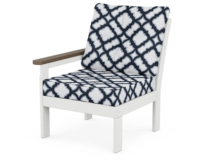 POLYWOOD® Vineyard Modular Left Arm Chair in White / Kona / Trellis Marine Indigo