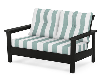 POLYWOOD® Prescott Deep Seating Loveseat in Black / Cabana Stripe Glacier Spa