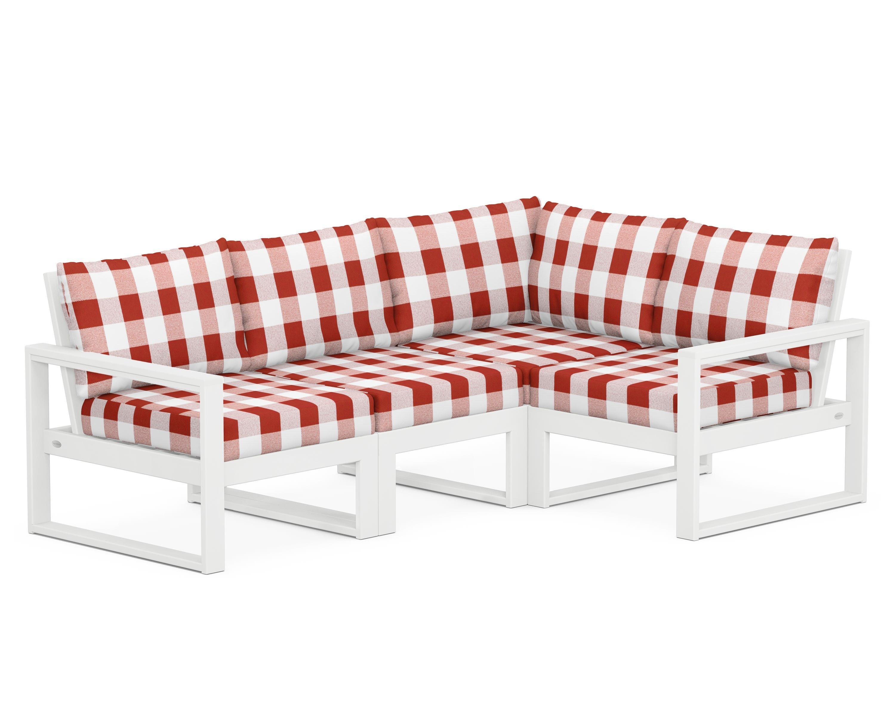POLYWOOD® EDGE 4-Piece Modular Deep Seating Set in White / Buffalo Plaid Crimson
