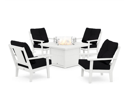 POLYWOOD® Prairie 5-Piece Deep Seating Set with Fire Pit Table in White / Midnight Linen