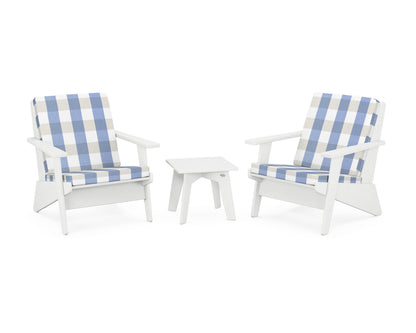 POLYWOOD® Riviera Modern Lounge 3-Piece Set in White / Buffalo Plaid Sky Blue