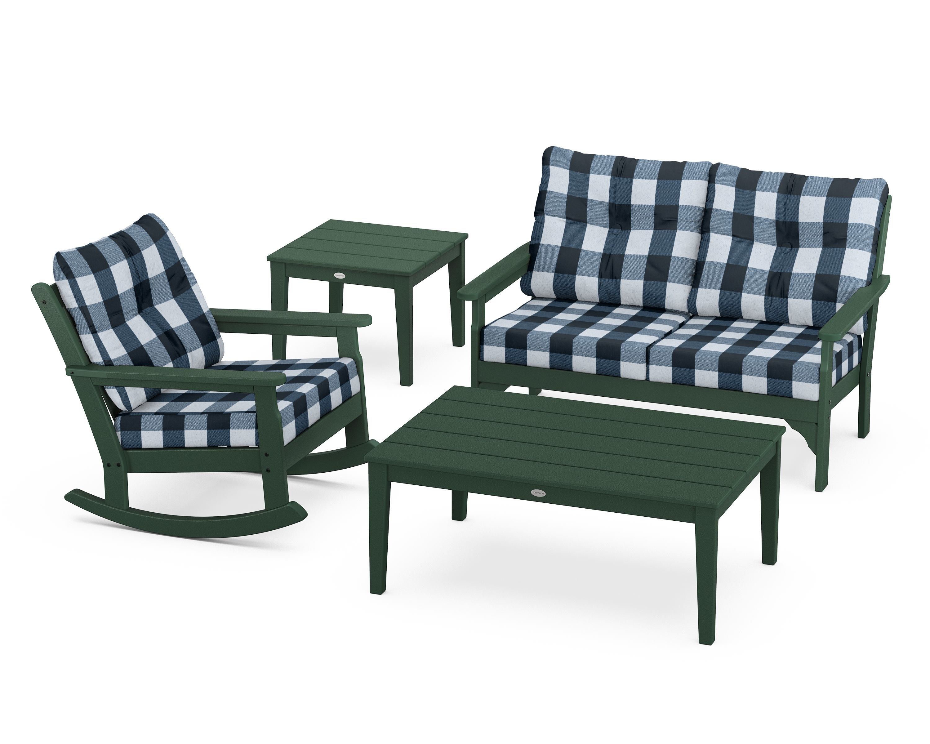 POLYWOOD® Vineyard 4-Piece Deep Seating Rocker Set in Green / Buffalo Plaid Marine Indigo