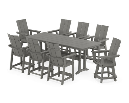 POLYWOOD® Modern Curveback Adirondack Swivel 9-Piece Farmhouse Counter Set with Trestle Legs in Slate Grey