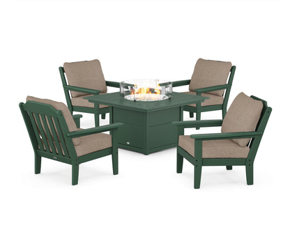 Country Living Cottage 5-Piece Deep Seating Set with Fire Pit Table in Green / Spiced Burlap