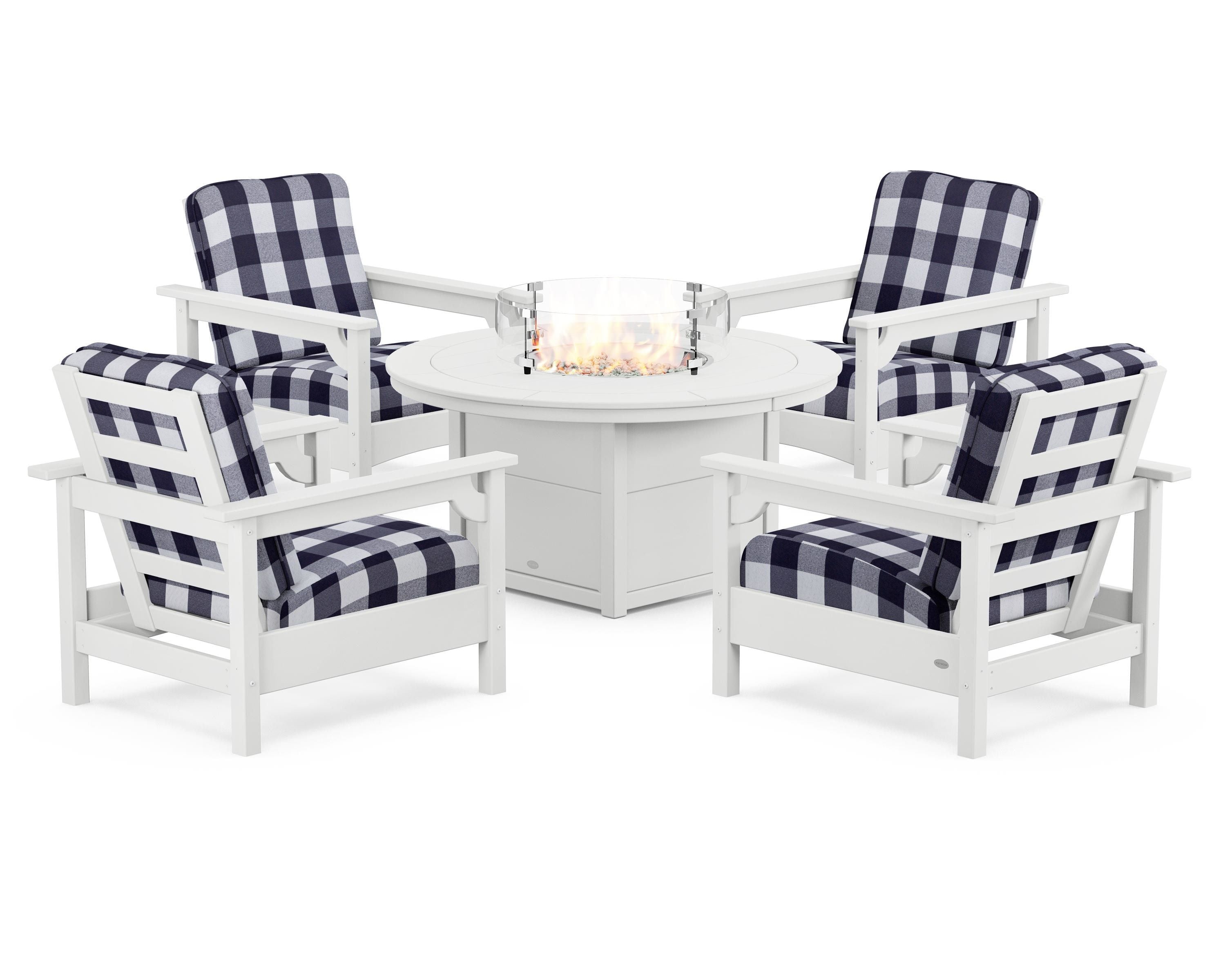 POLYWOOD® Club 5-Piece Conversation Set with Fire Pit Table in White / Buffalo Plaid Navy