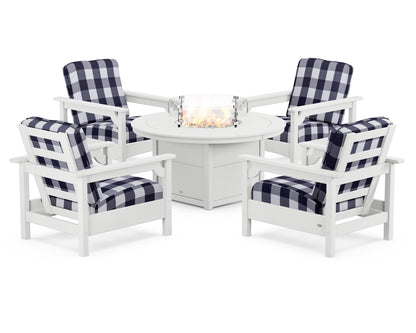 POLYWOOD® Club 5-Piece Conversation Set with Fire Pit Table in White / Buffalo Plaid Navy