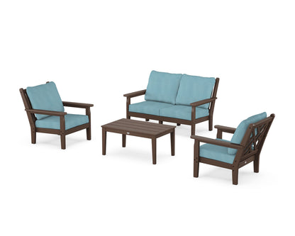POLYWOOD® Chippendale 4-Piece Deep Seating Set with Loveseat in Mahogany / Lattice Sky Blue