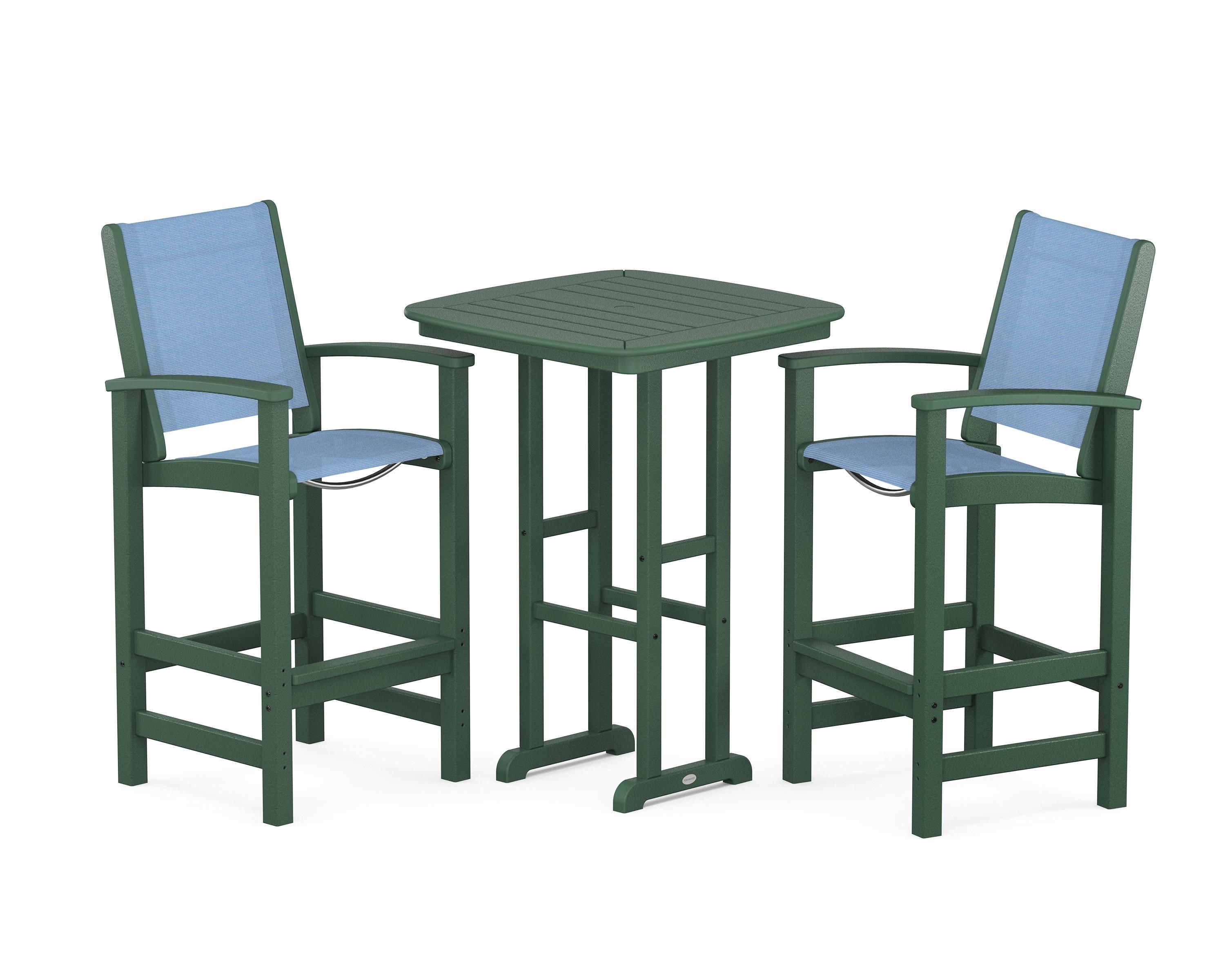 POLYWOOD® Coastal 3-Piece Bar Set in Green / Poolside Sling