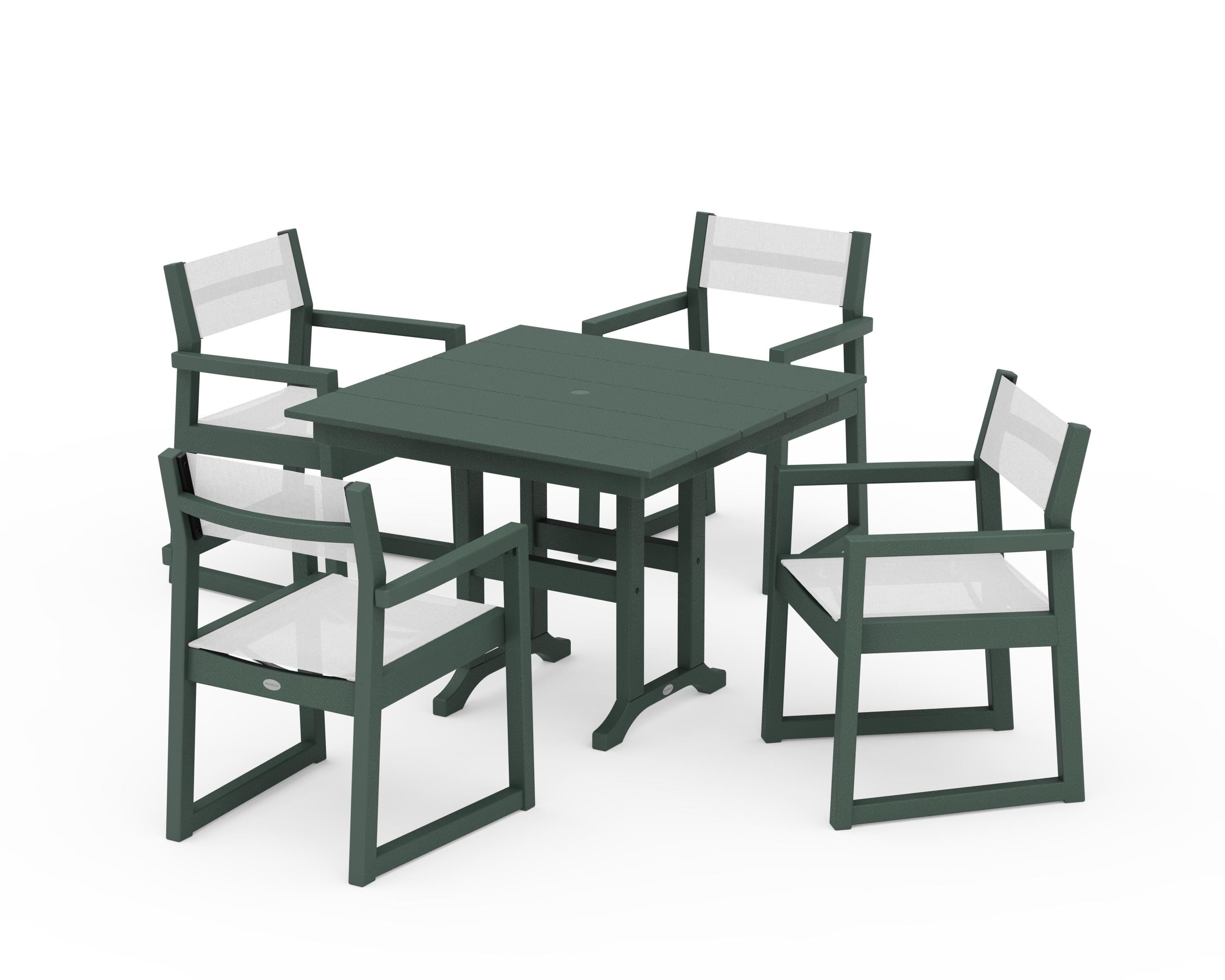 POLYWOOD® EDGE Sling Arm Chair 5-Piece Farmhouse Dining Set in Green / White Sling