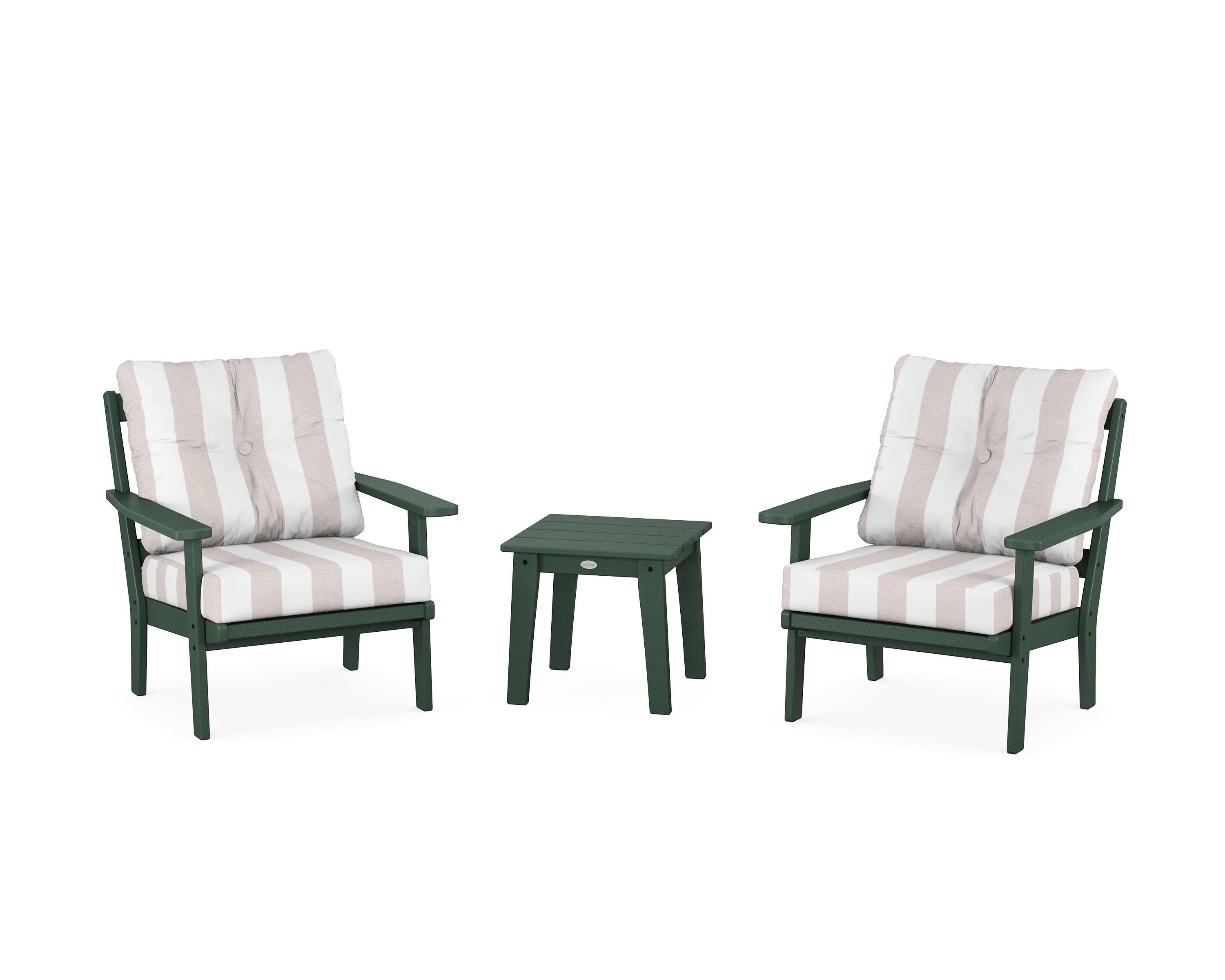 POLYWOOD® Prairie 3-Piece Deep Seating Set in Green / Cabana Stripe Dune Burlap