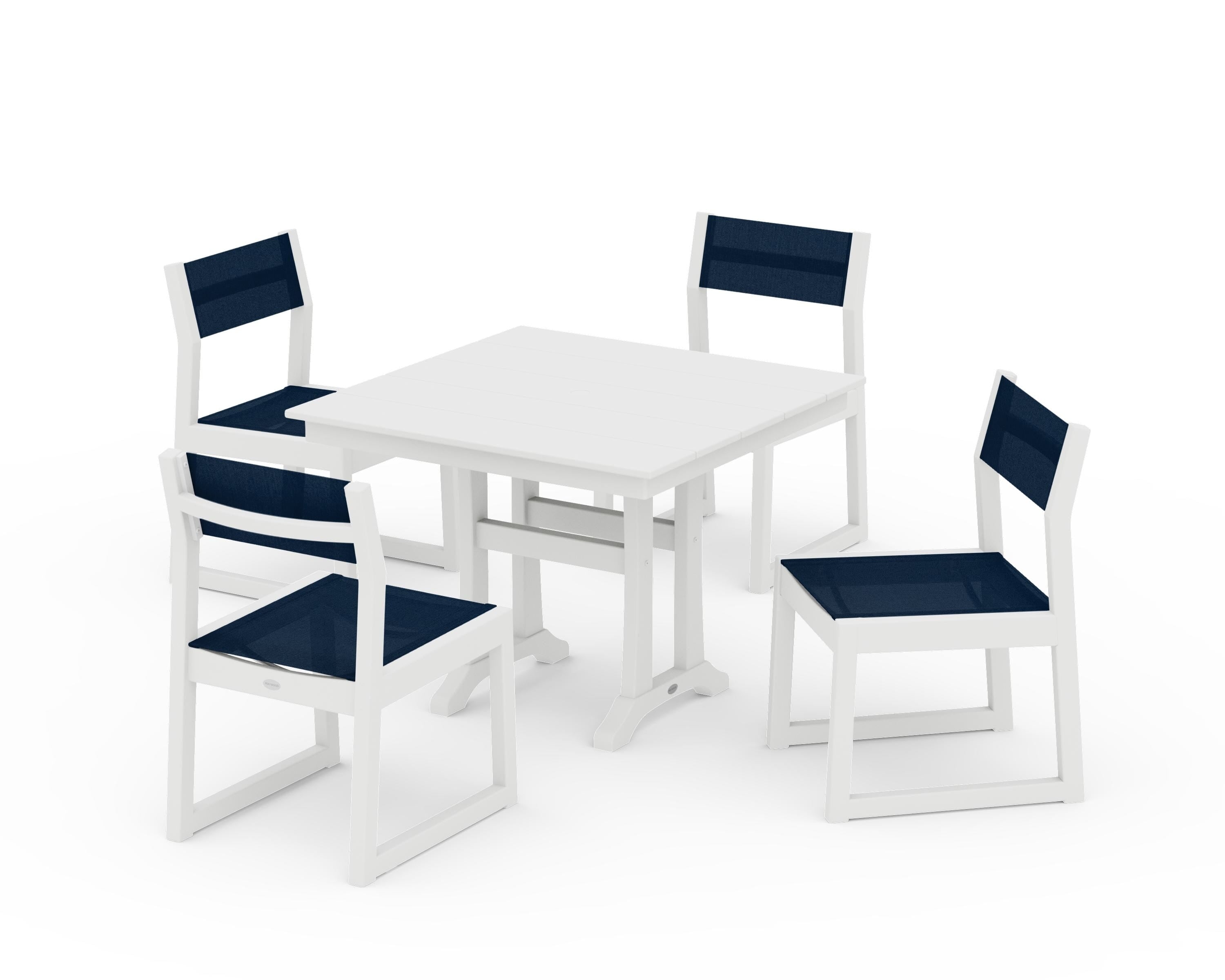 POLYWOOD® EDGE Sling 5-Piece Farmhouse Trestle Side Chair Dining Set in White / Navy Blue Sling