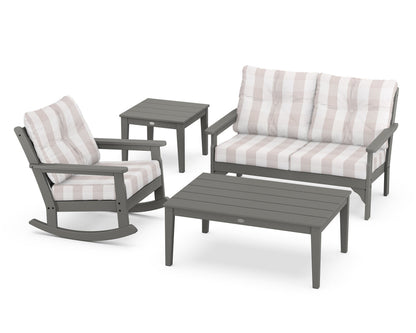 POLYWOOD® Vineyard 4-Piece Deep Seating Rocker Set in Slate Grey / Buffalo Plaid Dune Burlap