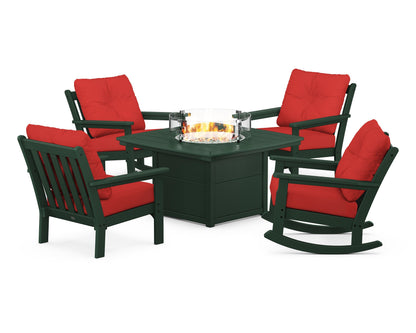 POLYWOOD® Vineyard 5-Piece Deep Seating Rocking Chair Conversation Set with Fire Pit Table in Green / Crimson Linen