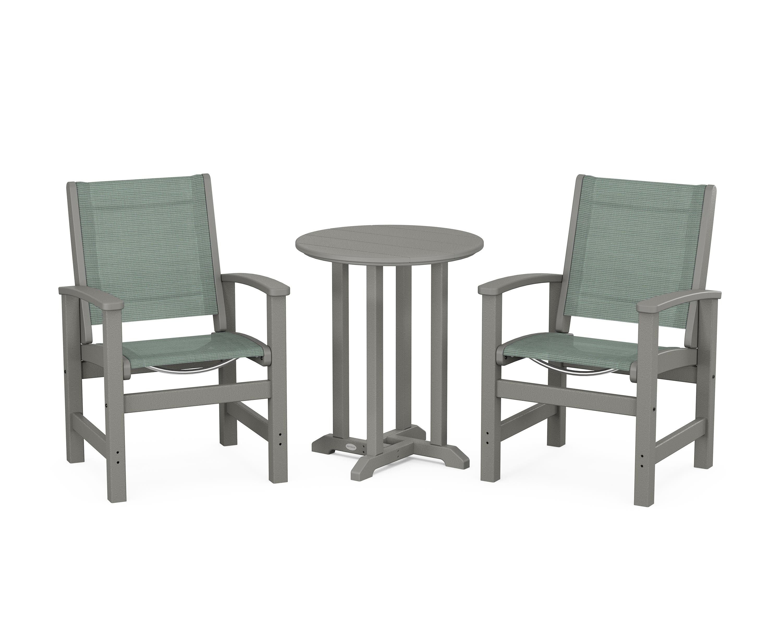 POLYWOOD® Coastal 3-Piece Round Bistro Dining Set in Slate Grey / Dupioni Sea Mist Sling