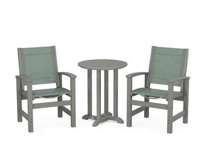 POLYWOOD® Coastal 3-Piece Round Bistro Dining Set in Slate Grey / Dupioni Sea Mist Sling