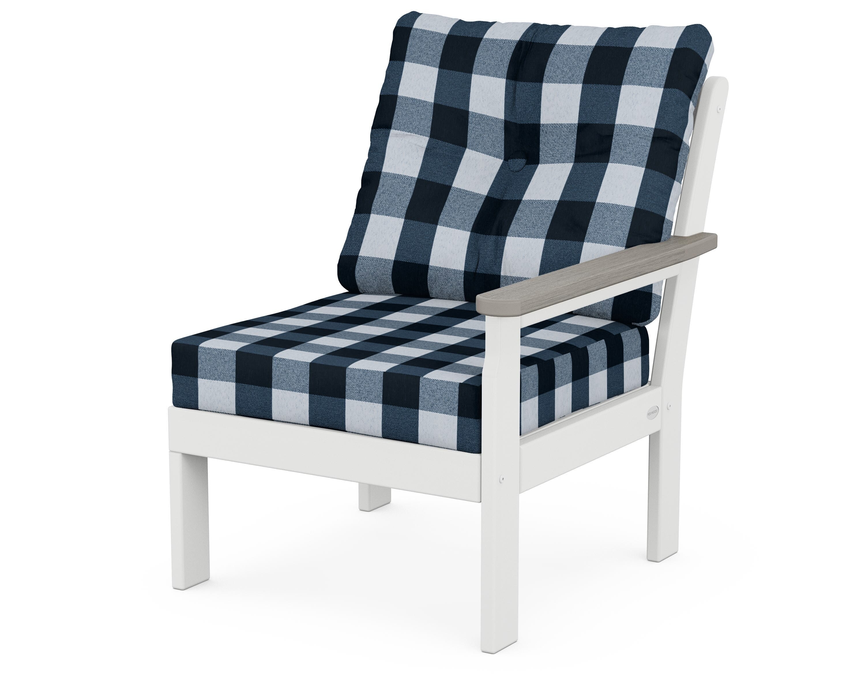 POLYWOOD® Vineyard Modular Right Arm Chair in White / Driftwood / Buffalo Plaid Marine Indigo