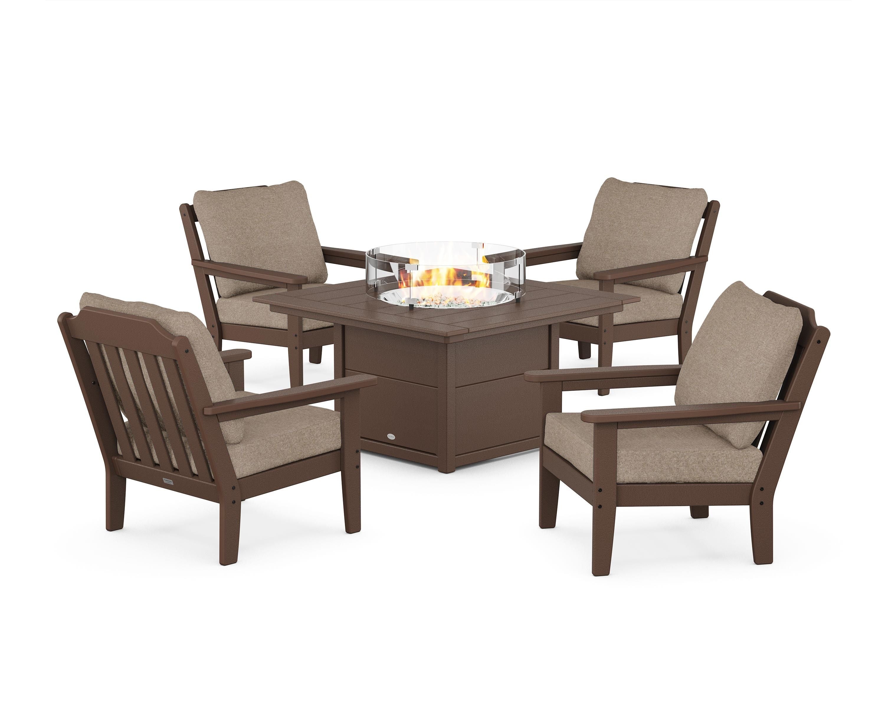 Country Living Cottage 5-Piece Deep Seating Set with Fire Pit Table in Mahogany / Spiced Burlap