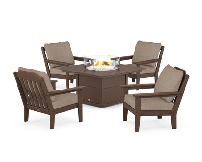 Country Living Cottage 5-Piece Deep Seating Set with Fire Pit Table in Mahogany / Spiced Burlap