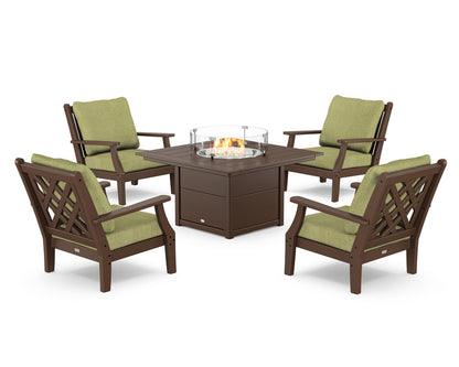 Country Living Wovendale 5-Piece Deep Seating Set with Fire Pit Table in Mahogany / Chartreuse Boucle