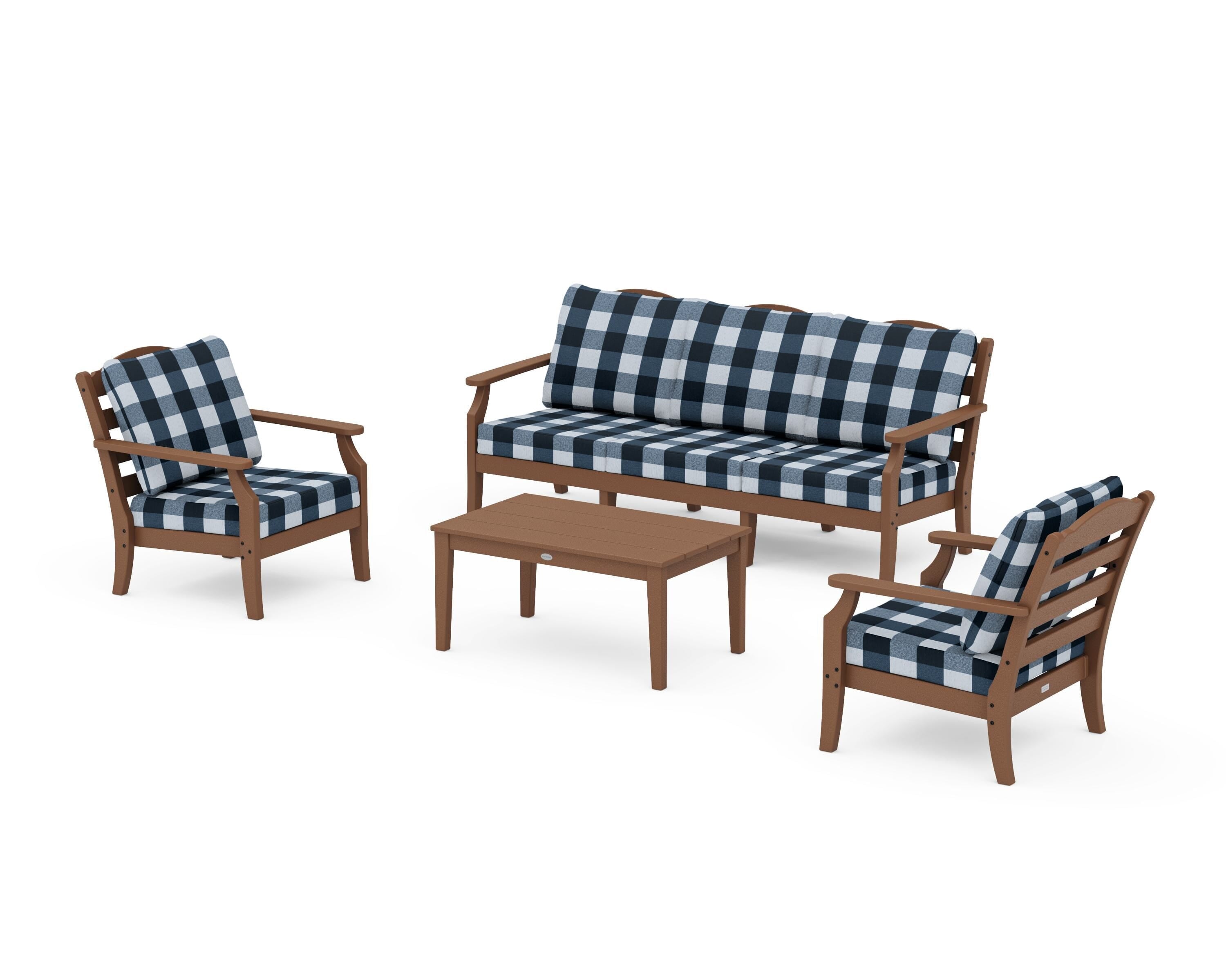 Draper James™ by  POLYWOOD® Savannah 4-Piece Deep Seating Set with Sofa in Teak / Buffalo Plaid Marine Indigo