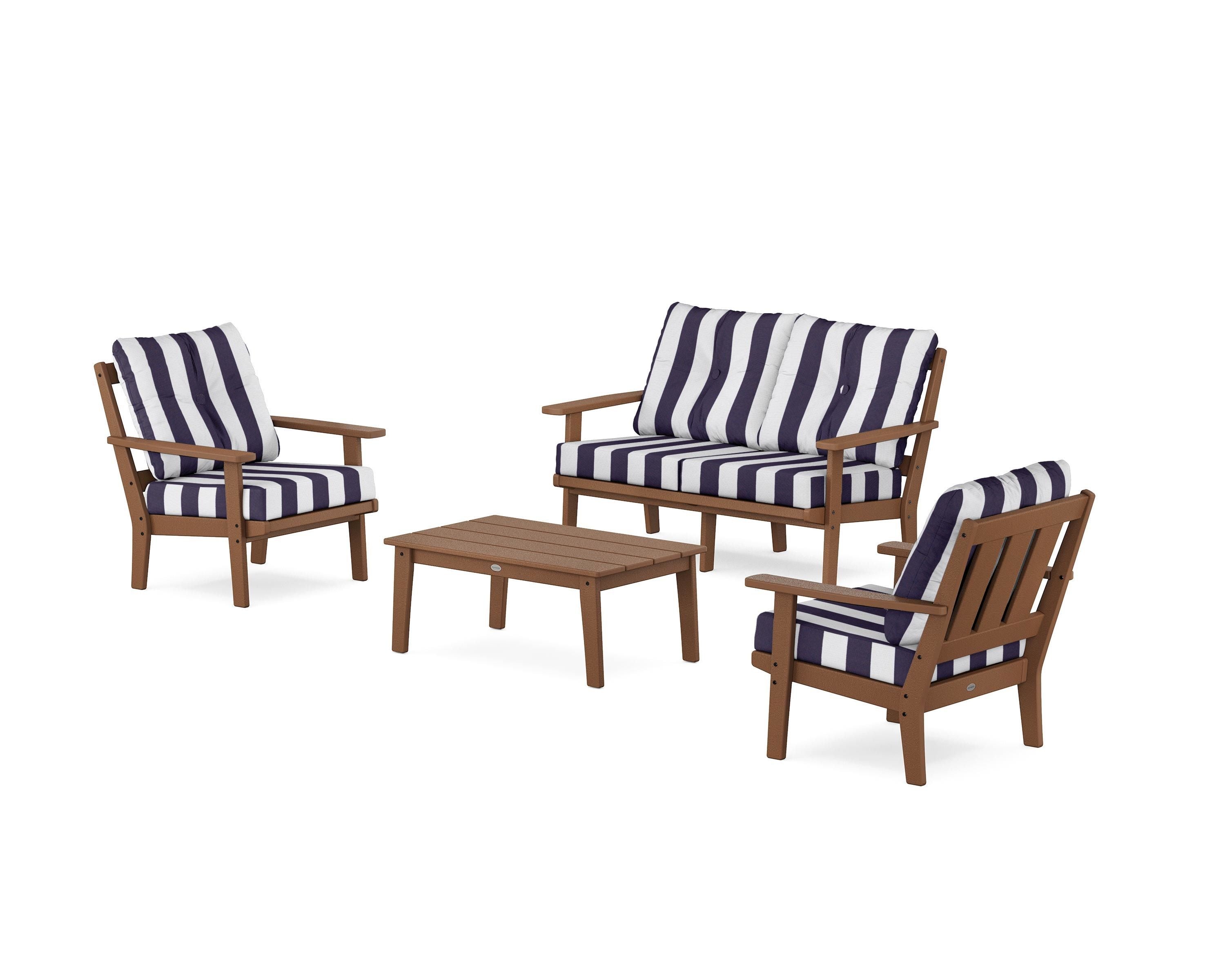 POLYWOOD® Oxford 4-Piece Deep Seating Set with Loveseat in Teak / Cabana Stripe Navy