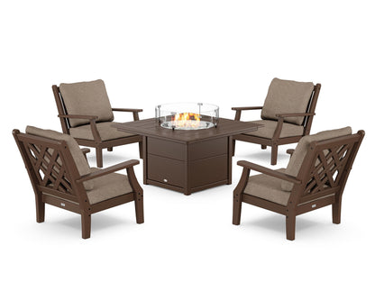 Country Living Wovendale 5-Piece Deep Seating Set with Fire Pit Table in Mahogany / Spiced Burlap