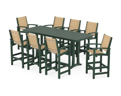 POLYWOOD® Coastal 9-Piece Farmhouse Bar Set with Trestle Legs in Green / Dupioni Apricot Sling