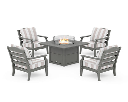 Draper James™ by  POLYWOOD® Savannah 5-Piece Deep Seating Set with Fire Pit Table in Slate Grey / Cabana Stripe Dune Burlap