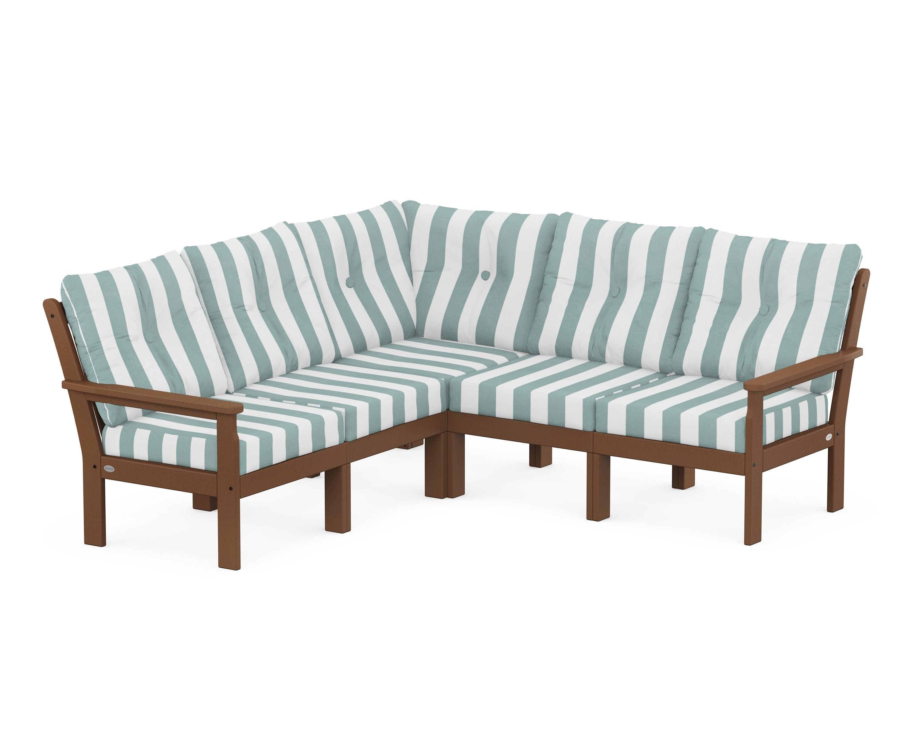 POLYWOOD® Vineyard 5-Piece Sectional in Teak / Cabana Stripe Glacier Spa