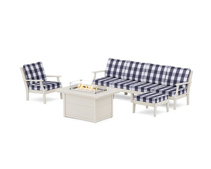 POLYWOOD® Braxton Sectional Lounge and Fire Pit Set in Sand / Buffalo Plaid Navy